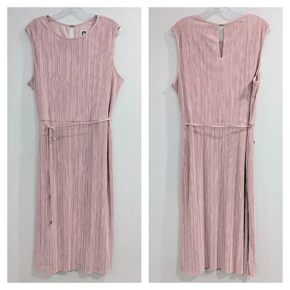 ANNE KLEIN Nwt Crinkled Satin Blush Dress 16 Sleeveless Waist Tie Midi Length - Picture 2 of 12